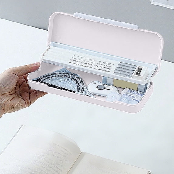 Double Layer Hard Plastic Pencil Box, Two Compartment Large Capacity Sch-ool Supply Organizer for Pens, Pencils, Erasers, Paper Clips, Cute Desktop Storage
