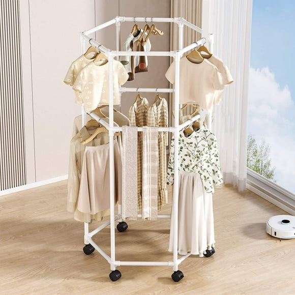 Double Layer Hexagonal Rack, Floor Standing Rotatable Clothing Rack, Portable Retail Display Stand for Hanging Clothes Bedrooms Laundry Room (White)