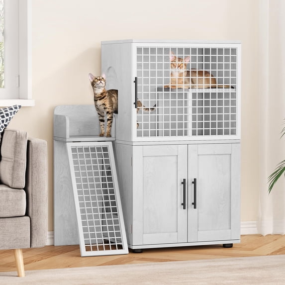 Double Layer Hidden Cat Litter Box Enclosure with Ladder & Side Door, Modern Cat Cabinet Furniture for Indoor Pets, Antique White