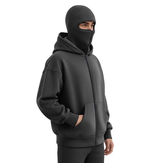 Men's Balaclava Hoodie Jacket - Double Hood Windproof Streetwear With Face Cover, Full Zip Spring Hoodie