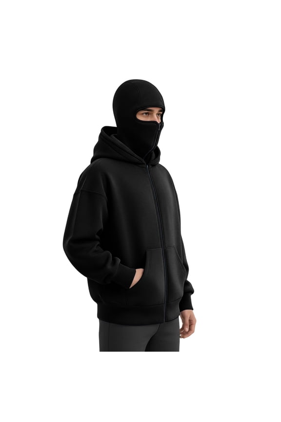 Double Layer Hoodie with Face Cover Full Zipper Men Windproof Jacket Double Hooded Sweatshirt for Hiking gently