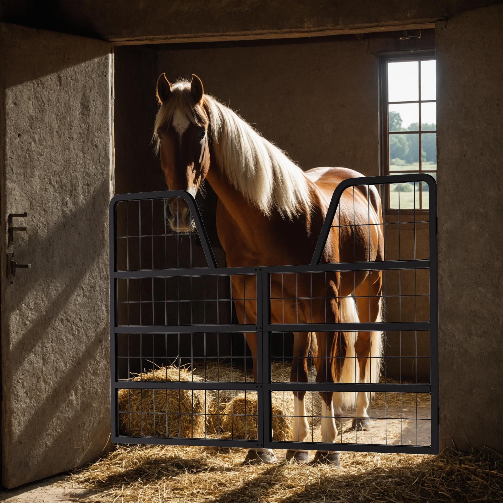 Double-Layer Horse Stall Gates Metal,  Heavy Horse Stall Guard,  Outdoor Animal Containment,  48in × 32in	 Size (0.8in Thickness),  Two-Way Inward/Outward Opening