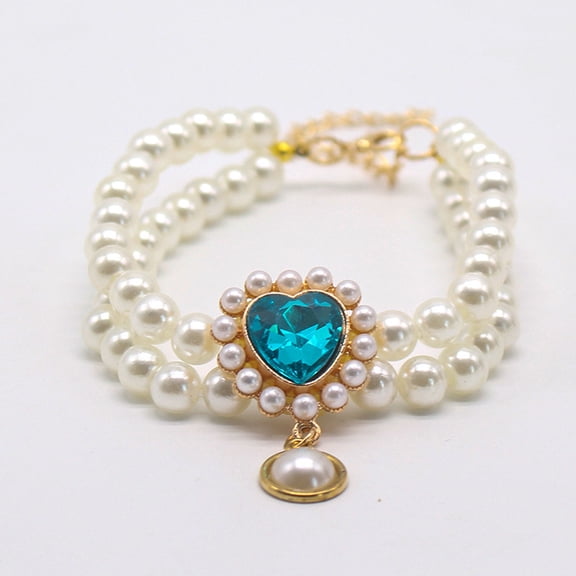 Double Layer Imitation Pearl And Rhinestone Pet Collar For Cats And Dogs, Adjustable Length With Heart Shape Rhinestone And Alloy Frame, Gemstone Pendant Princess Style Pet