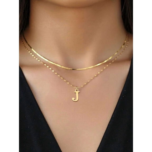 Double-Layer Initial J Pendant Necklace In Goldtone Stainless Steel