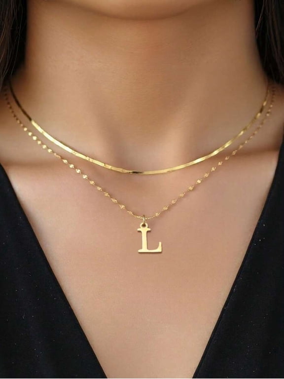 Double-Layer Initial L Pendant Necklace In Goldtone Stainless Steel