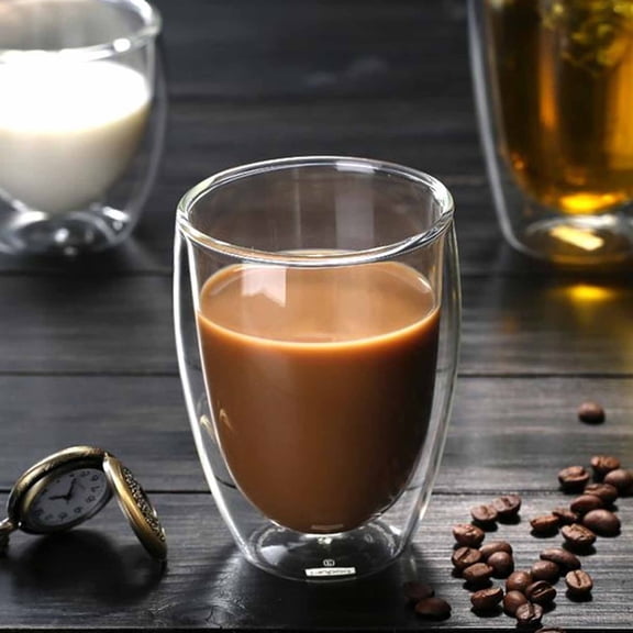 Double Layer Insulated Glass Cup - 8.5 oz Transparent Drinking Cup for Ice Cream, Beer, Hot & Cold Beverages, White, Size L