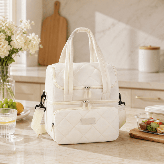 Double Layer Insulated Lunch Bag, Multi Functional Portable Tote Handbag, Leakproof Thermal Food Container Bag for Work Picnic Travel Outdoor Office Lunch Box Carrier, Beige