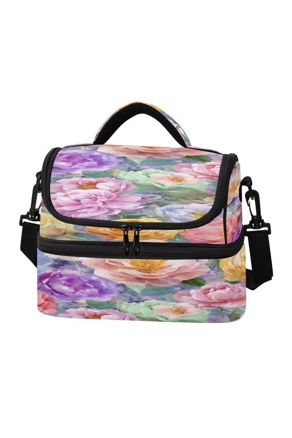 Double Layer Insulated Lunch Bag, Portable Reusable Lunch Tote with Dual Compartments, 106.58in for Work & Picnic Detailed Roses and Peonies