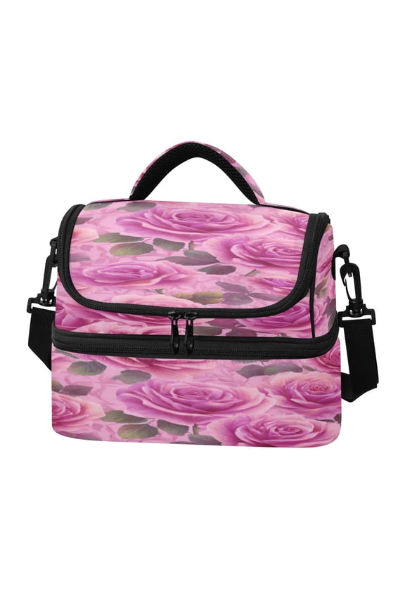 Double Layer Insulated Lunch Bag, Portable Reusable Lunch Tote with Dual Compartments, 106.58in for Work & Picnic Magenta-red Roses Pattern