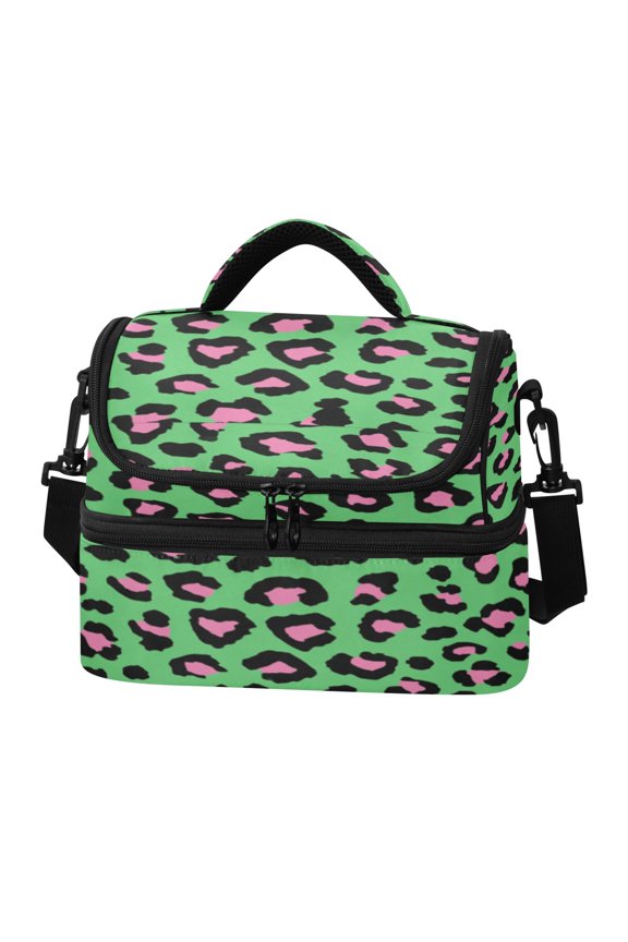 Double Layer Insulated Lunch Bag, Portable Reusable Lunch Tote with Dual Compartments, 106.58in for Work & Picnic Powder Green Retro Leopard Print