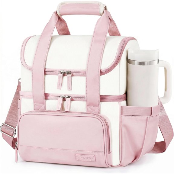 Double Layer Insulated Lunch Bag with Shoulder Strap, 12L, Pink | Leakproof Ice Cooler Base, Cup Holder Buckle & Mesh Utensil Pocket, Oxford Waterproof Fabric, 3-Way Carry