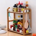 thumbnail image 1 of Double Layer Kitchen Counter Organizer – Spice Rack with Knife Holder and Dish Towel Hooks Plastic Condiment Storage Shelf Coffee Disassembleable 16x15x6 Inch, 1 of 6