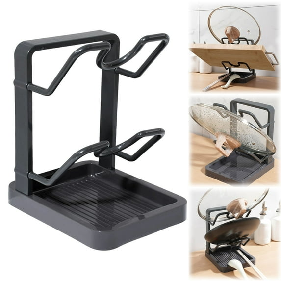 Double Layer Kitchen Pot Lid Storage Rack With Tray, Gray Plastic Organizer, Multifunctional Lid And Utensil Holder For Stove Top