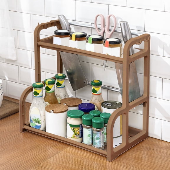 Double Layer Kitchen Spice Rack with Knife Holder, Multifunctional Countertop Organizer for Condiments, Oil Bottles, Utensils, Dish Towels, Plastic Storage Shelf