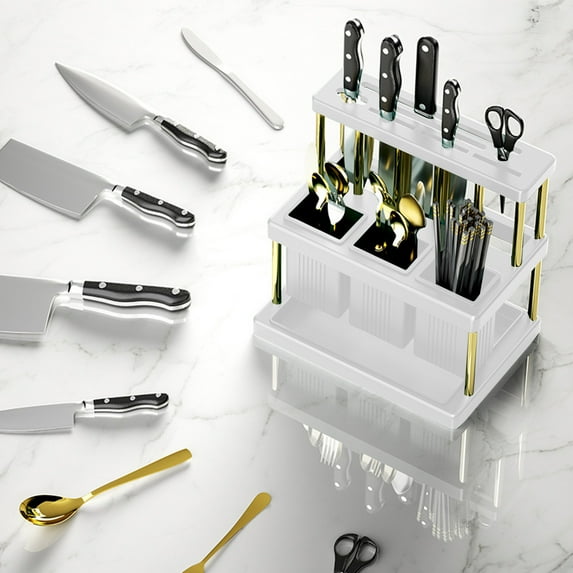 Double-Layer Knife Organizer Rack - High Capacity Cutlery Storage for Knives, Forks, Spoons | Detachable Utensil Holder with Drain Holes, Countertop/Drawer Solution