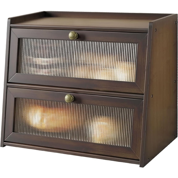 Double Layer Large Bamboo Bread Box for Kitchen Counter, Wooden Large Capacity Bread Storage Bin with Window Bread Holder (Brown)
