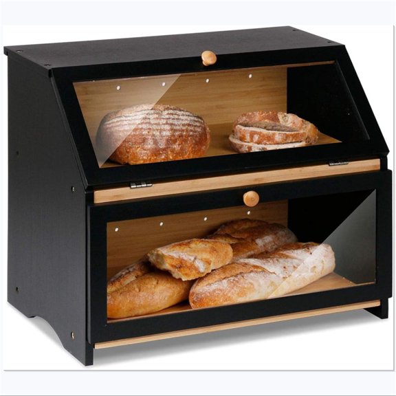 Double Layer Large Bread Box, Wooden Bread Storage Bin, Black | Large Capacity, For Kitchen Counter, See Through, Easy Assembly
