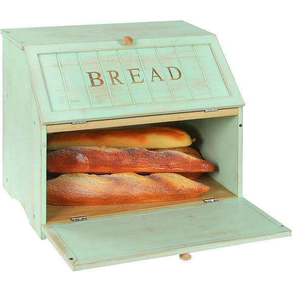 Double Layer Large Bread Box for Kitchen Counter, Retro Design Wooden Large Capacity Bread Storage Bin (Mint Green)