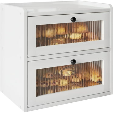Double Layer Large Bread Box for Kitchen Counter, Wooden Corner Bread Storage Container with Acrylic Window, White