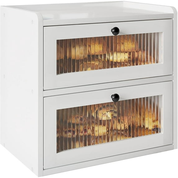 Double Layer Large Bread Box for Kitchen Counter, Wooden Corner Bread Storage Container with Acrylic Window, White