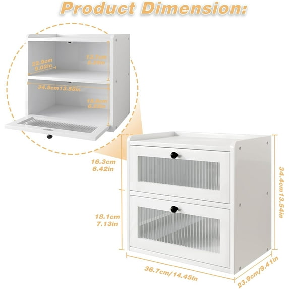Double Layer Large Bread Box for Kitchen Counter, Wooden Corner Bread Storage Container with Acrylic Window, White