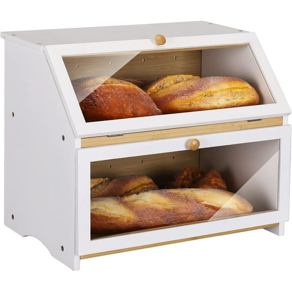 Double Layer Large Bread Box for Kitchen Counter, Wooden Large Capacity Bread Storage Bin (Black)