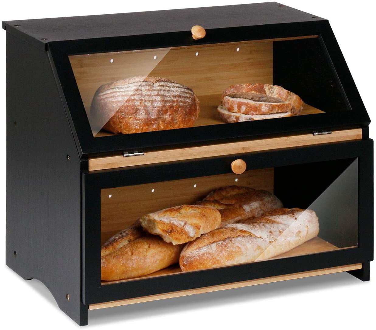 Black Double Layer Bamboo Bread Box with Clear Doors