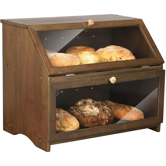 Double Layer Large Bread Box for Kitchen Counter, Wooden Large Capacity Bread Storage Bin (Brown)