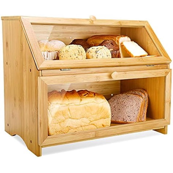 Double Layer Large Bread Box for Kitchen Counter, Wooden Large Capacity Bread Storage Bin (Natural Bamboo)