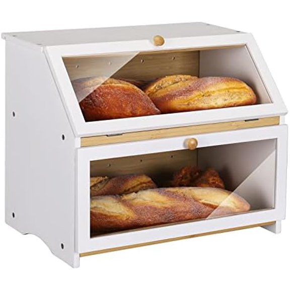Double Layer Large Bread Box for Kitchen Counter, Wooden Large Capacity Bread Storage Bin (White)