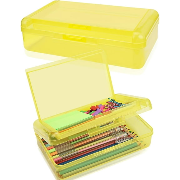 Double Layer Large Capacity Pencil Box,Plastic Translucent Pencil Box, Hard Pencil Cases with Snap-Tight Lid for Pens, Pencils, Office Supplies,Art Supplies,Medium-sized,1 Pack,Yellow