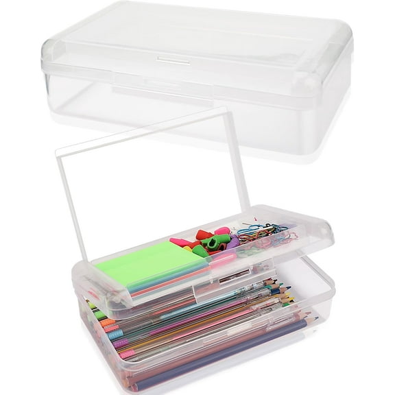 Double Layer Large Capacity Pencil Box,Plastic Translucent Pencil Box, Hard Pencil Cases with Snap-Tight Lid for Pens, Pencils, Office Supplies,Art Supplies,Medium-sized,1 Pack,Transparent