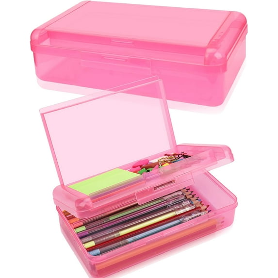 Double Layer Large Capacity Pencil Box,Plastic Translucent Pencil Box, Hard Pencil Cases with Snap-Tight Lid for Pens, Pencils, Office Supplies,Art Supplies,Medium-sized,1 Pack,Red