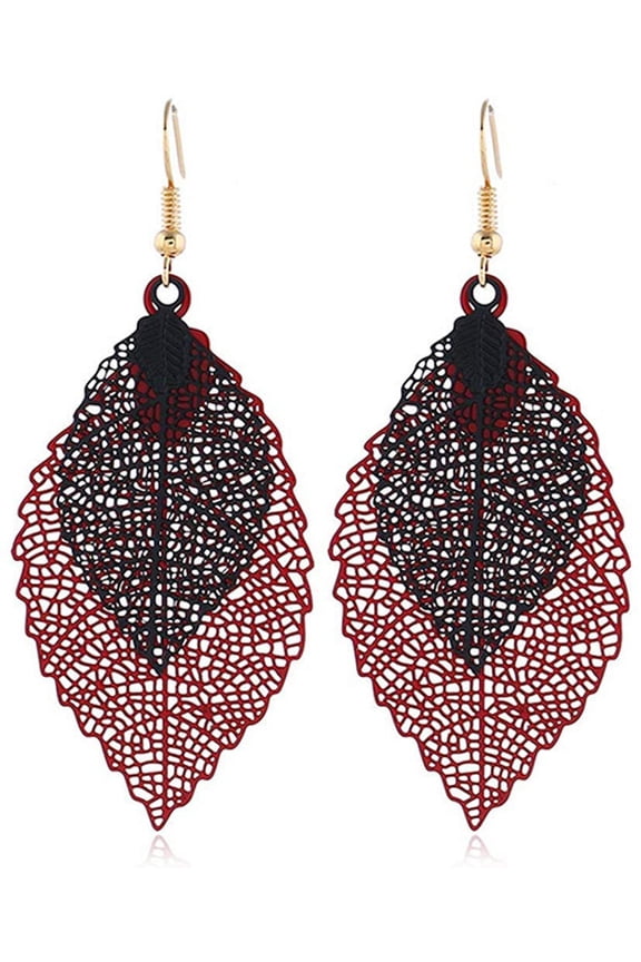 Double Layer Leaf Tassel Earrings Simple Retro Metal Filigree Leaf Statement Earrings Jewelry