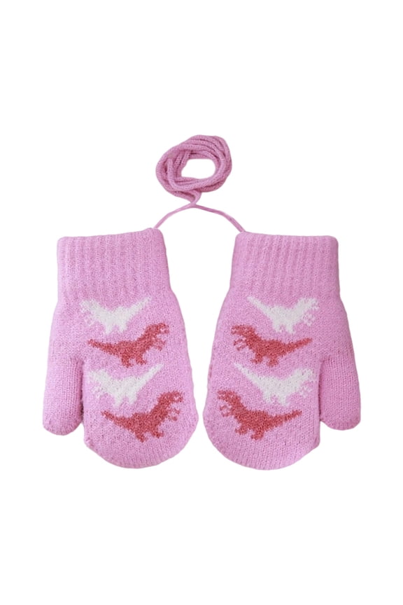 Double Layer Lined Thermal Winter Gloves For Kids Featuring Adorable Dinosaur Knit Design