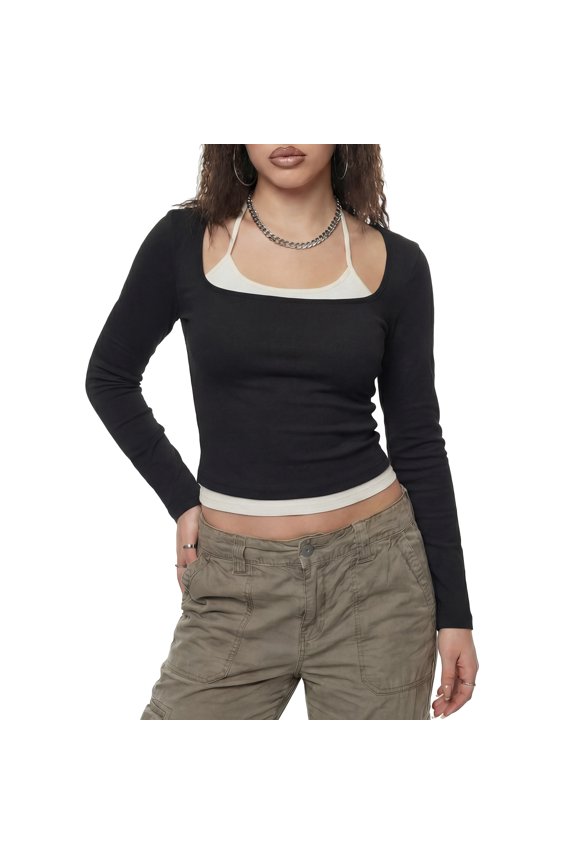 Double Layer Long Sleeve Top XS Black