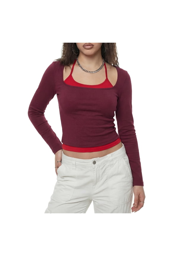 Double Layer Long Sleeve Top XS Red