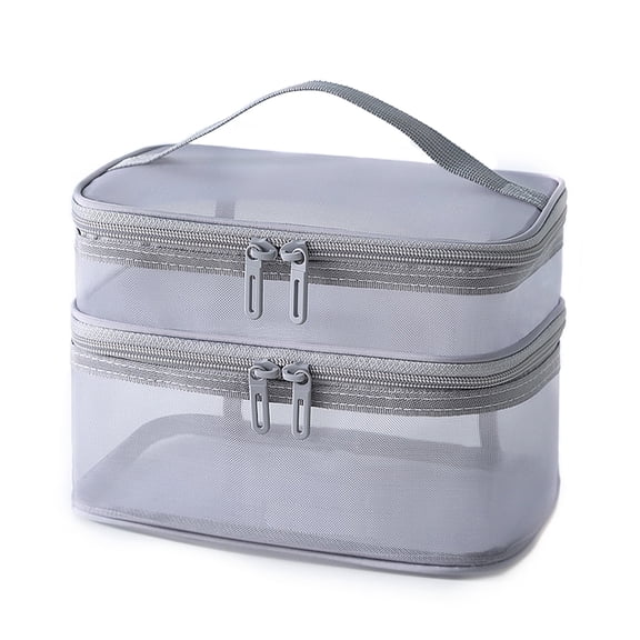 Double Layer Makeup Bag, Large Mesh Travel Cosmetic Pouch with Double Zipper, Vertical Make up Bag, Multifunctional Toiletry Bag for Makeup Brushes