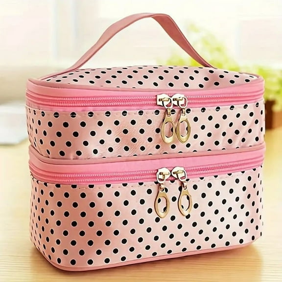 Double Layer Makeup Case Travel Toiletry Pouch Bag For Women ladies With Handle And Brush Area (Polka Dot)