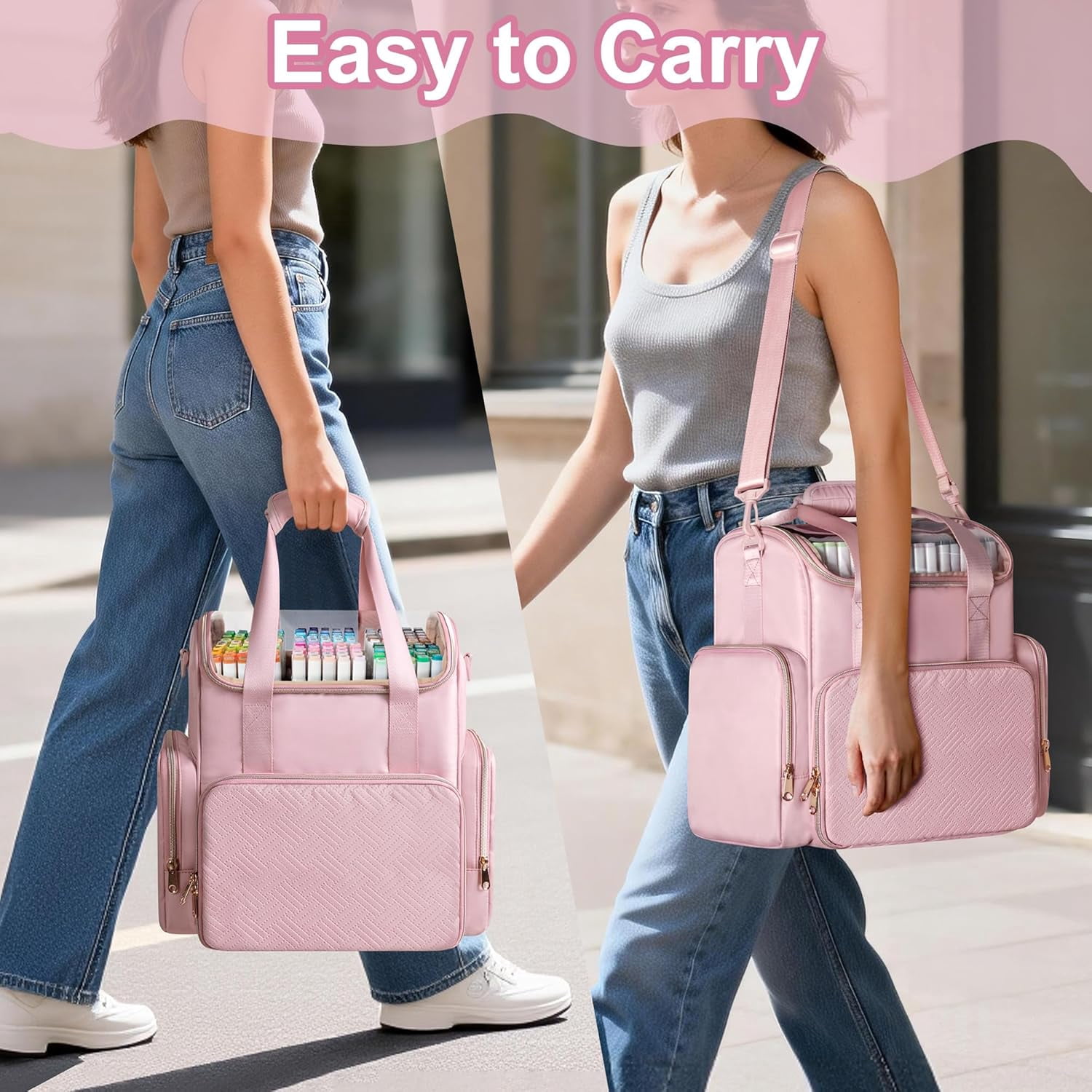 Double Layer Marker Organizer Bag for 400 Markers with Dividers and Pockets, Large Art Storage  for Coloring Supplies, Pink