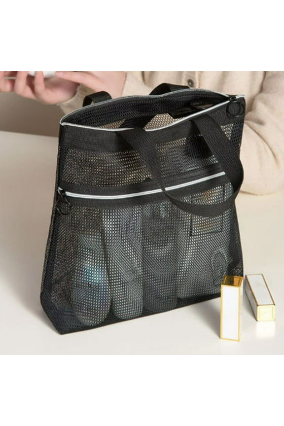 Double Layer Mesh Beach Bag with Pockets - Hollow Mesh Shoulder Portable Travel Bag - Fitness Swimming Storage Bag - Lightweight Water-Resistant Beach Tote for Vacation Pool