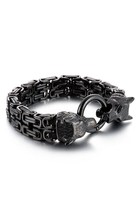 Double Layer Metal Wolf Head Bracelet Mens Stainless Steel Byzantine Chain