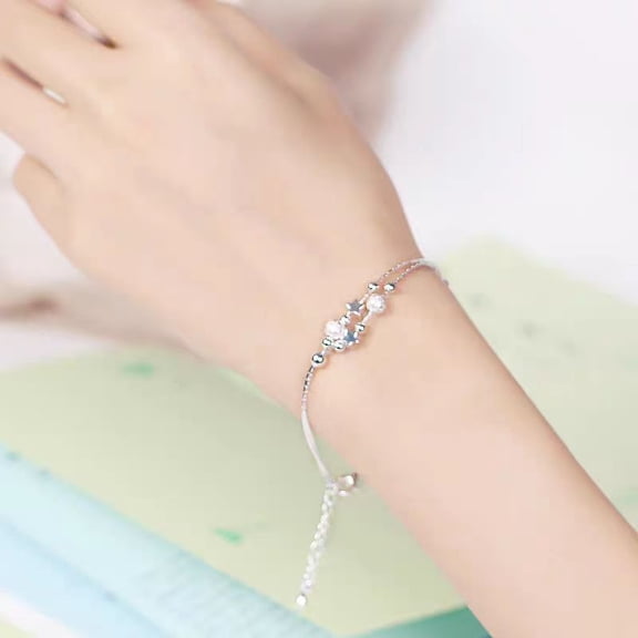 Double Layer Moon Star Bracelet for Women, Adjustable Dainty Celestial Jewelry - Sterling Silver Plated Minimalist Bracelet, Stackable Friendship Gift for Her, Pulsera de Luna y Estrellas