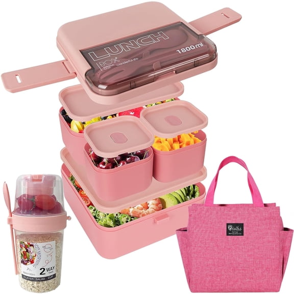 Double-Layer Multi-Compartment Bento Box Set: Lunch Box With Salad Cup and Lunch Bag For School, Office, Outdoor Picnics, Food Storage Container, Kitchen Accessories.Back-to-school Gift.PINK SET.