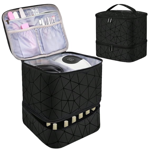 Double Layer Nail Polish Organizer Bag, 30 Slots Portable Nail Polish Storage Case with Handle, Waterproof Geometric PVC Travel Bag for Nail Lamp, Manicure Tools & Cosmetics(black)