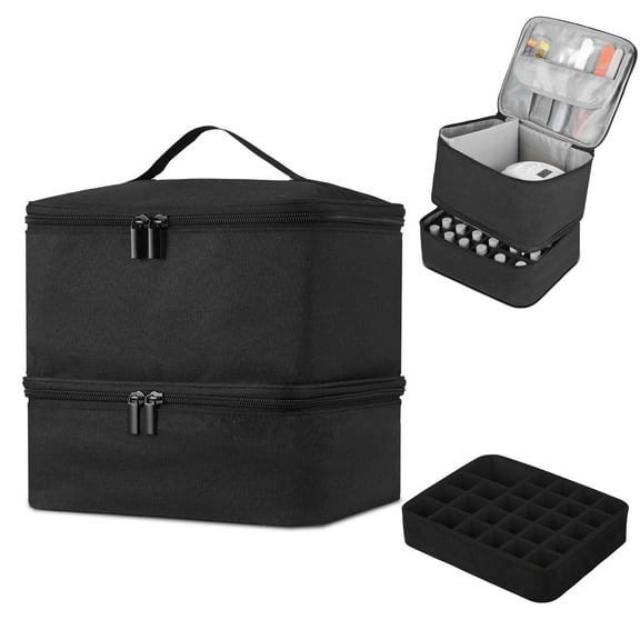 Double-Layer Nail Polish Organizer Bag, Holds 27 Bottles (15ML/0.5 FL.OZ or Larger), Nail Tools & Dryer Storage Case with Adjustable Dividers, Black