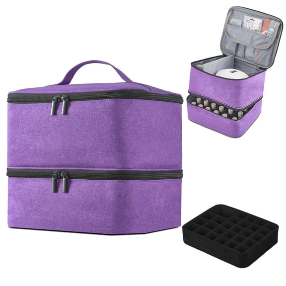 Double-Layer Nail Polish Organizer Bag Holds Up to 27 Bottles with Adjustable Dividers,Purple