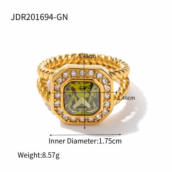 Double Layer Octagonal Ring with Olive Green Zircon Stainless Steel Twist Geometric Ins Fashion Statement Ring for