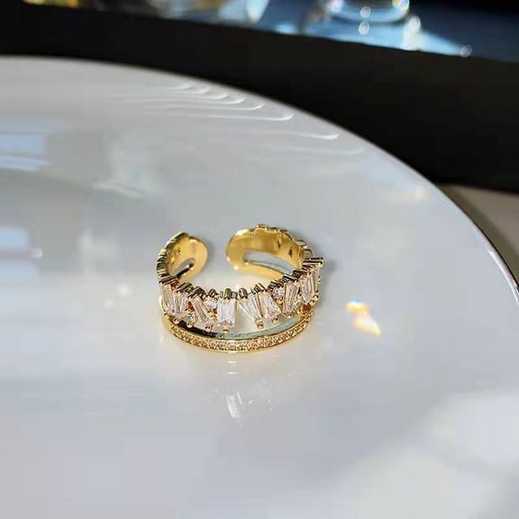 Double Layer Open-End Irregular Ring For Women, Electroplated Copper Geometric Ring With Zircon, Round Design