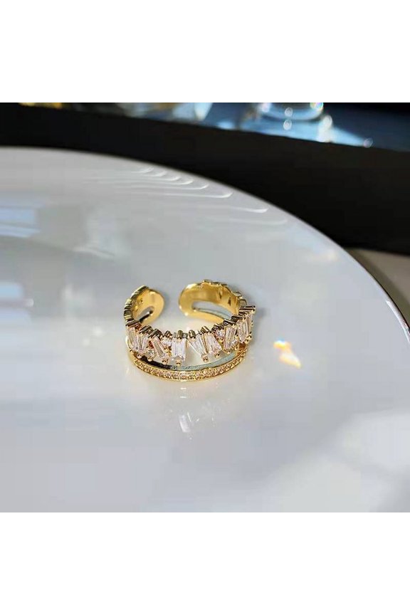 Double Layer Open-End Irregular Ring For Women, Electroplated Copper Geometric Ring With Zircon, Round Design